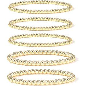 Gold Bead Bracelet for Women 14K Gold Plated Beaded Bracelet Stretchable Elastic